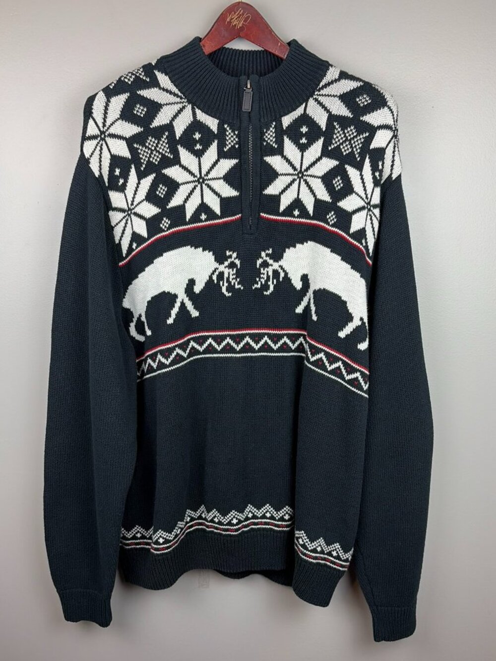 Chaps Black Quarter Zip Sweater Fair Isle Print With Reindeer Size XL
